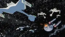 The Enterprise getting attacked by a fleet of Klingon battle cruisers