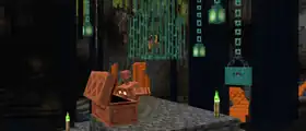 A copper golem opening a copper chest inside a cave, with many of the new copper features.