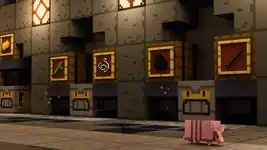 An armadillo passing by several crafters, in A year in blocks.