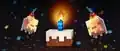 Two baby ghasts next to a birthday cake to commemorate the first anniversary of Minecraft Dungeons.