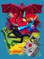 Official T-shirt artwork "Battle" featuring a creeper, an enderman, Steve, a ghast, and either an ender dragon or a red dragon. Made by SamCube.