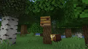 A bee flying next to a bee nest.