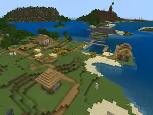 The Coastal Village seed template thumbnail, a plains village with an ocean.