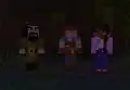 A screenshot of various skins used to promote Minecraft spin-offs; Ivor from Minecraft: Story Mode, Buff Butcher from Builders & Biomes, and Bianca from Minecraft: The Crash.