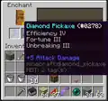 A diamond pickaxe with multiple high-level enchantments, right after enchanting. (pre-1.13)