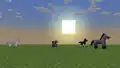 A screenshot of the Overworld flat world preset, featuring horses and a cow