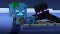 An enderman and drowned embrace on a floating door in the middle of the ocean, parodying a shot from the film Titanic.[19]
