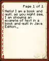 An example of text in a book and quill in Java Edition.