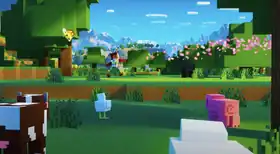 A cow and several other animals watching Noor in the Minecraft Live 2023 reveal trailer.