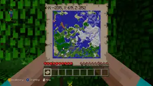 Maps in Legacy Console Edition, showing coordinates at the top left corner.