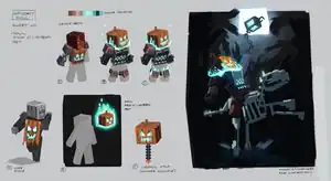 More concept art for the aformentioned armor set, this time showing an alternate design near the top left with the Jack o' Lantern being part of the chestpeice rather than the head. It also showcases a Jack o' Lantern cape.