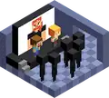 Artwork of Steve and Alex on a stage showing off Jens, instead of the other way around