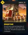 Announcement that the Minecraft API will be offline before the update