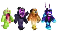 Promotional renders of Fish Monster, Sloth Monster, Hawk Maui, and Bioluminescent Tamatoa.