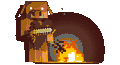 Animated artwork GIF of a piglin standing next to a fire.