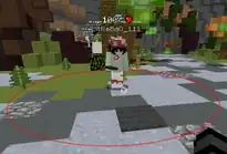 An in-game screenshot showing a red circle around other player to indicate the user's attack reach of a spherical area of three blocks.