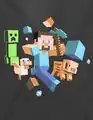 Official T-shirt artwork "Run Away!" featuring a creeper, a chicken, Steve, and a pig as well as diamonds. Made by JINX.