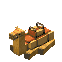 A saddled camel standing up.