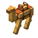 A saddled camel walking.