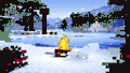 A snow fox resting beside a campfire as seen in Minecraft: Soothing Scenes snow and the launcher.
