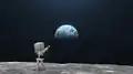 A skeleton on the moon aiming at the Earth.