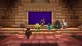 First image shows a Minecraft scene with a brown player character standing on a sandy stone stage in front of a purple portal flanked by a green frog-like mob, a black-armored knight, a white fox, and a blue slime, with lanterns and barrels nearby in an ancient temple setting.