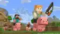 Official artwork of Alex, Steve, and Noor riding pigs.