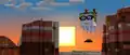 A happy ghast soaring high in the sky in Minecraft - with a boat leashed beneath it!