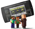 Artwork of Steve, Alex, and a Villager standing in front of a smartphone with the Minecoin purchase screen, with Swedish Kronas as the currency.