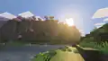 A cherry grove with the sun hovering just over the cliff. The camera is in a plains biome.