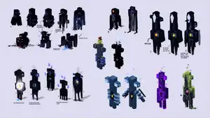 Various early concepts for the warden, including some concept art for the shade and the stalker. Two concepts resemble a wither.