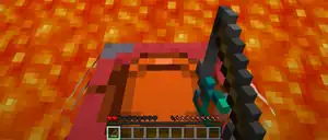 "A player sitting on top of a strider, holding a warped fungus on a stick."