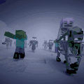 Animation of undead mobs walking on snow, including zombies.