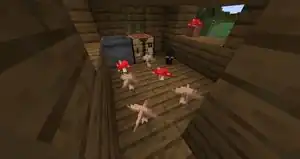 The inside of a swamp hut with mushrooms all over the inside of the hut.