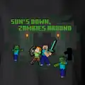 "Sun's Down, Zombies Around," an official T-Shirt design featuring three zombies, one in shadow.