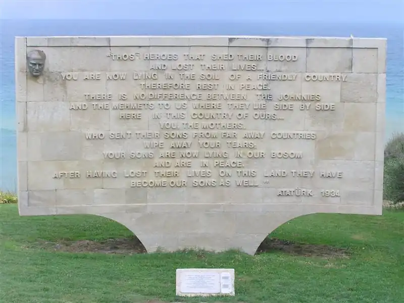 Memorial at Anzac Cove, commemorating the loss of thousands of Ottoman and ANZAC soldiers in Gallipoli.