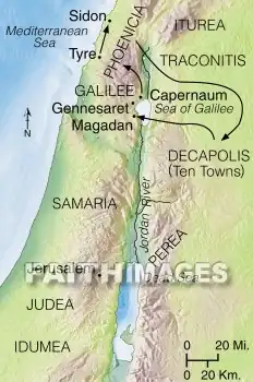 A map of Tyre, Sidon, and the Decapolis, and the route Jesus traveled through them.