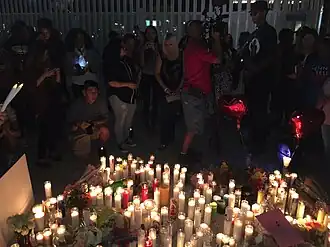 It is night time, a crowd of people are gathered around a candle vigil.