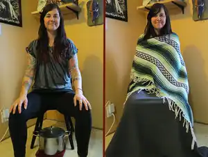 Smiling woman misplaces pot of soup, rests on stool after failed search mission.