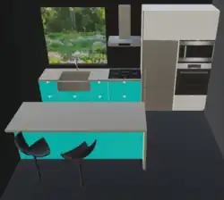 In this example, the peninsula can serve as landing space for the fridge