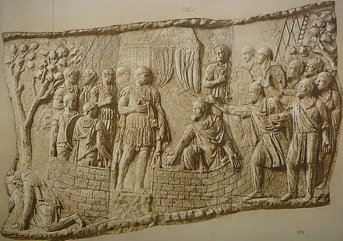 Retreat and suicide of Dacians (Scene CXL); Dacian chieftains before Trajan (Scene CXLI),
