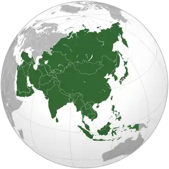 Asia highlighted on an orthographic projection.