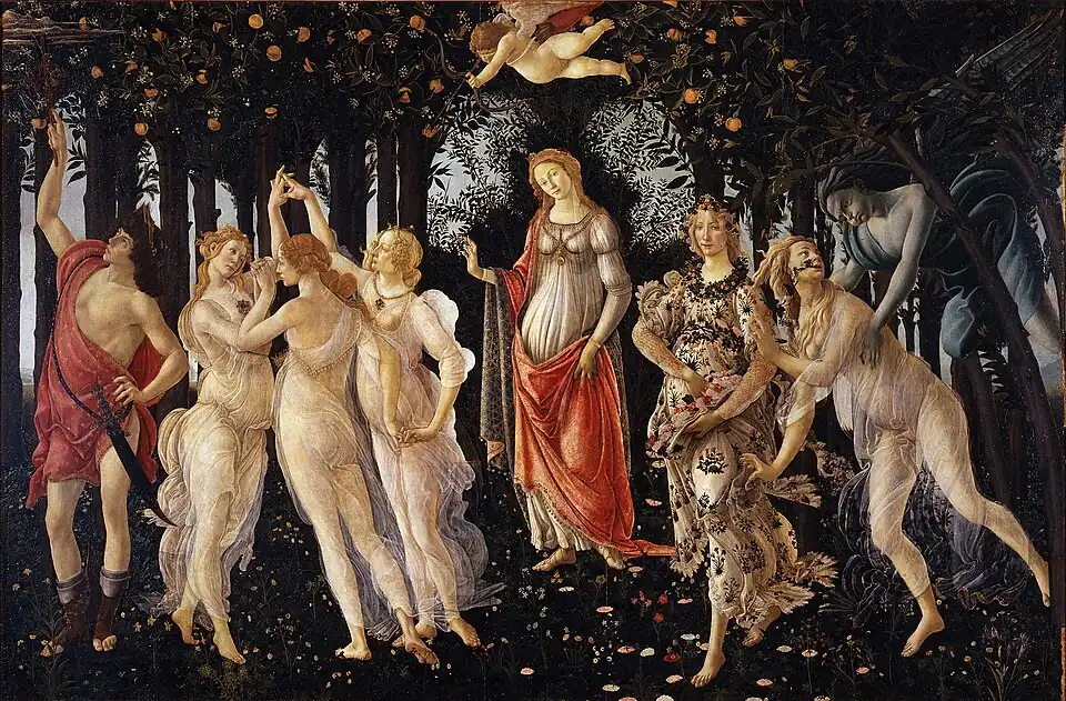 Primavera by Sandro Botticelli - 1470s-1480s. An example of Italian Renaissance panel painting.