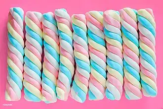 Colored marshmallow shaped and twisted into ropes