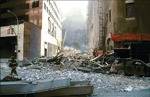 Debris from the collapse caused extensive damage to surrounding areas.