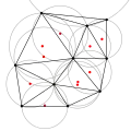 The Delaunay triangulation with all the circumcircles and their centers (in red).
