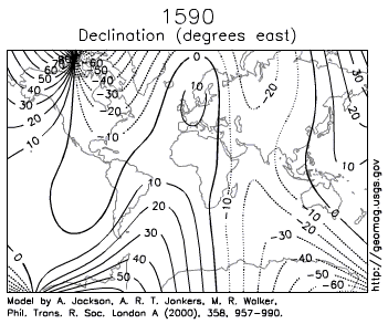Earth Magnetic Field Declination from 1590 to 1990