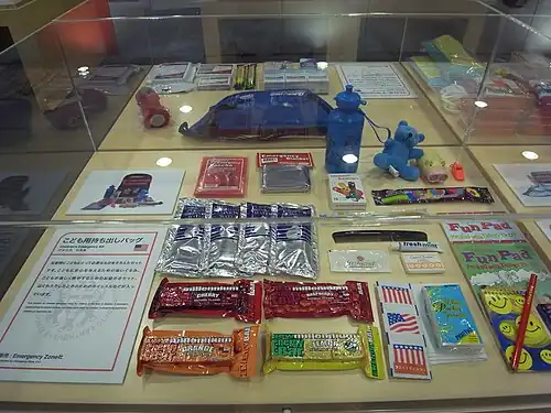 An emergency pack for kids. This package contains food, emergency blanket, poncho, water, a whistle which can be used to signal for help, basic hygiene supplies, and non electric activities to keep occupied during inevitable waiting periods. A similar kit can be assembled very cheaply using items found at a supermarket. Possible additions you should consider include a flashlight (Battery + Crank powered) and radio (Battery + Crank powered).