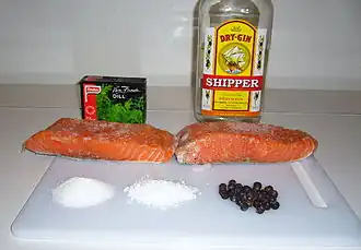 Thawed salmon with the required ingredients.