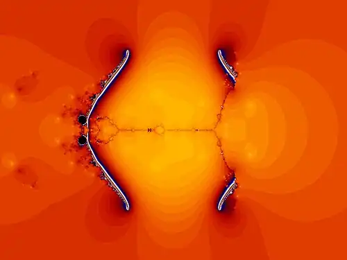Mandelbrot set constructed from one point that is not a critical point; rendered without boundary and with jumps in the colouring